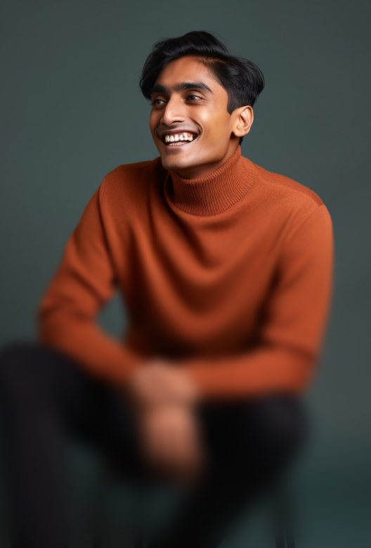 Young man smiling and looking to the side wearing a rust-colored turtleneck sweater against a plain dark background.