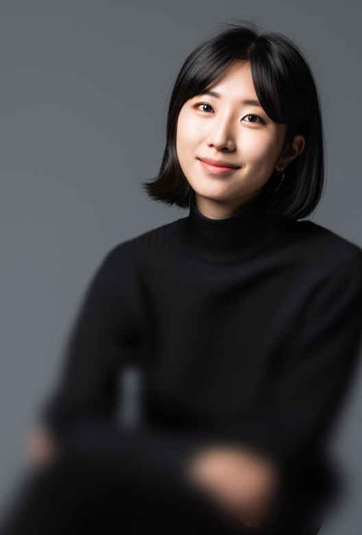 Young woman with black hair wearing a black turtleneck sweater, smiling against a gray background.