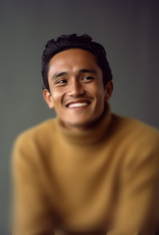Smiling young man with dark hair wearing a mustard yellow turtleneck sweater against a gray background.