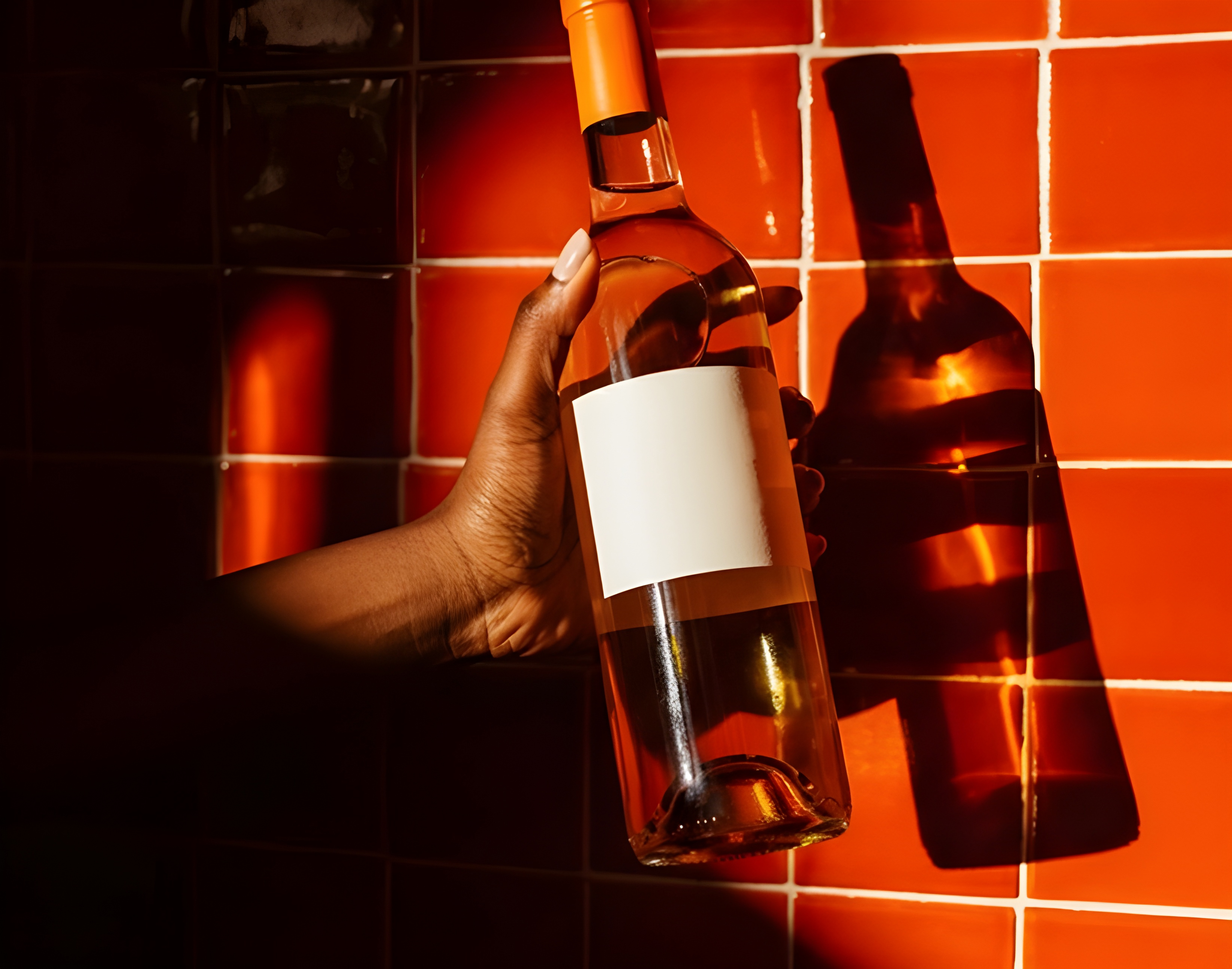 Hand holding a clear glass bottle with an orange cap and blank white label against an orange tiled wall casting a shadow.