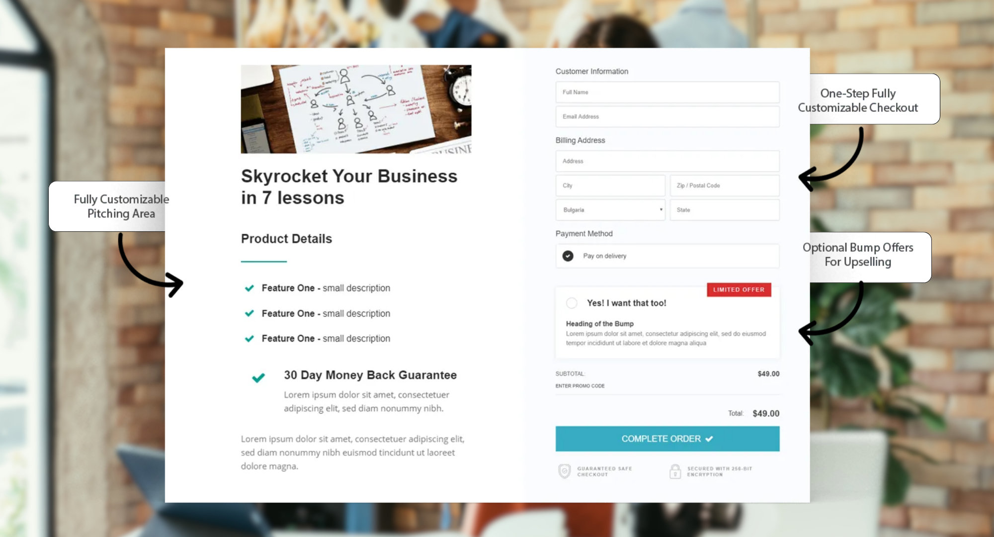 Split-screen of an online checkout page with product details on the left and customizable order form on the right, featuring customer info, payment method, and upsell offer.