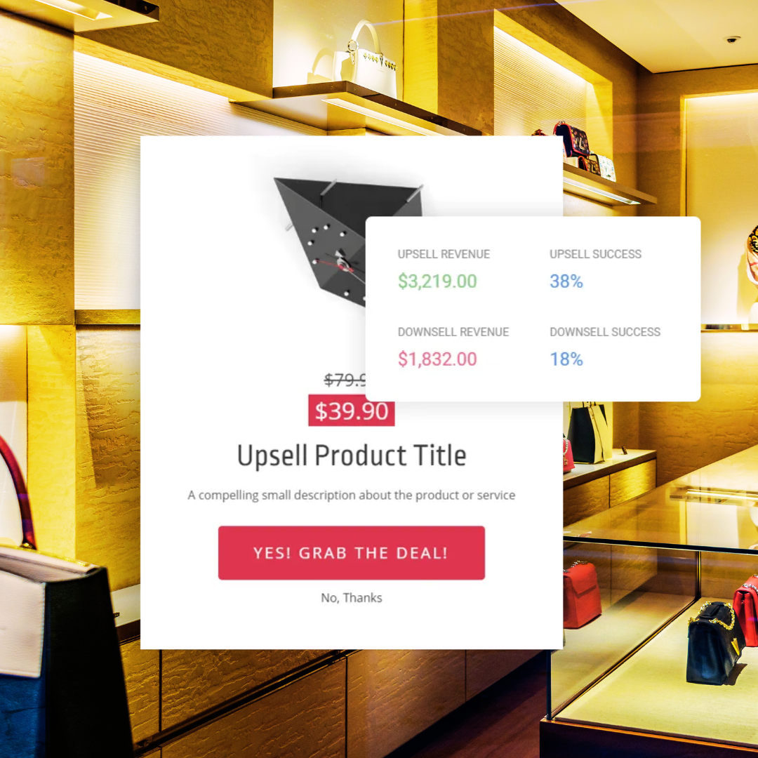E-commerce upsell offer showing a clock with a discounted price of $39.90 and statistics for upsell revenue $3,219.00 with 38% success and downsell revenue $1,832.00 with 18% success.