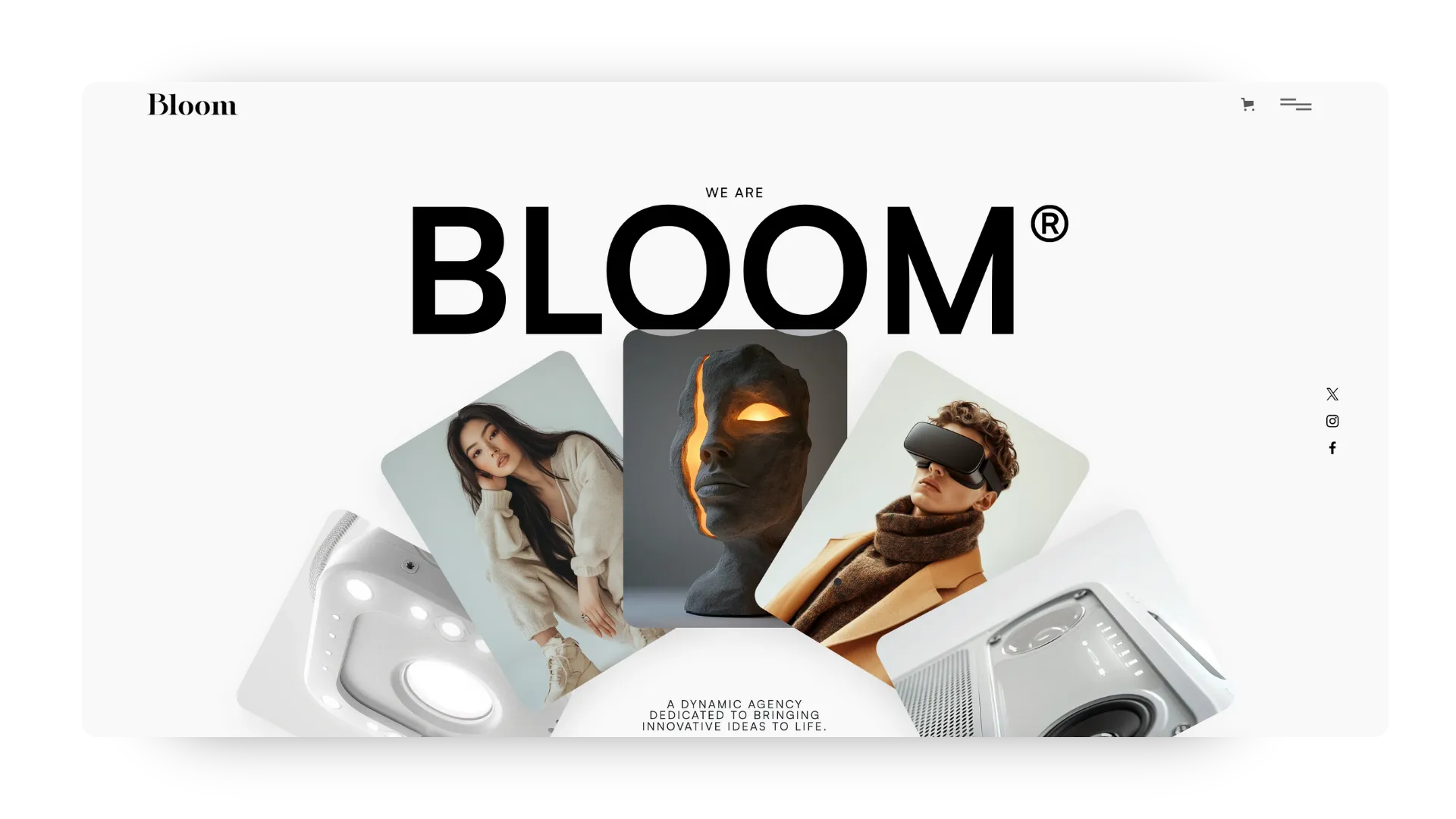 Website header with bold text 'We are BLOOM' above various images including a woman, abstract sculpture, person with VR headset, and tech devices.