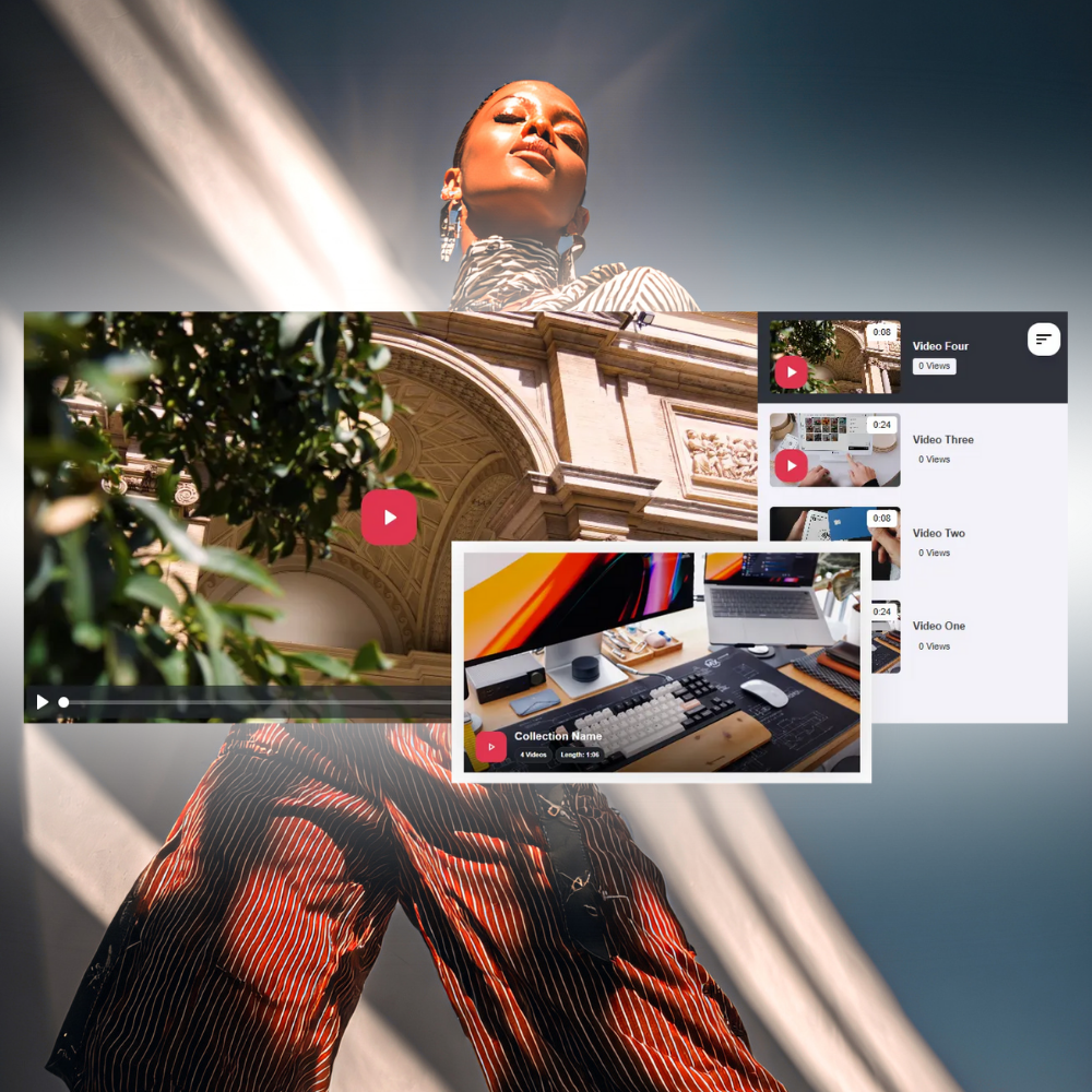 Stylish woman in striped clothing with video player interface showing architectural and workstation scenes overlayed.