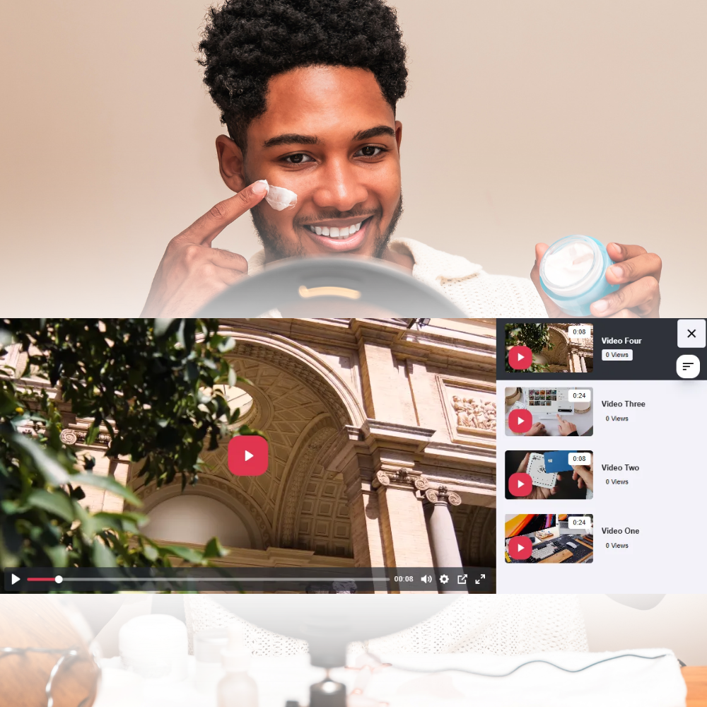 Smiling man applying cream on his cheek while holding an open jar of cream, with a video player showing architectural arch and video list overlay.