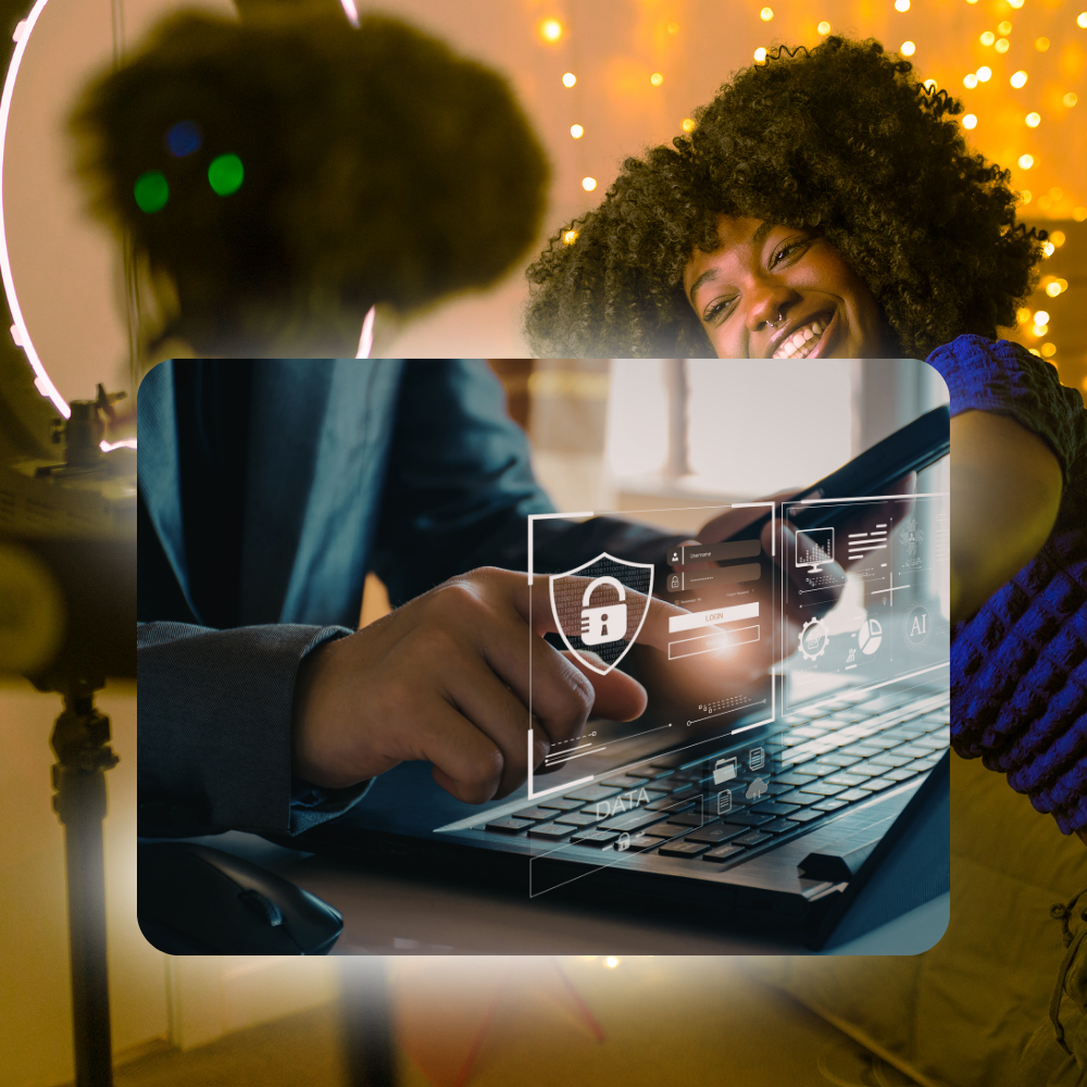Person using a laptop with a digital security interface showing a padlock icon and login fields overlay.