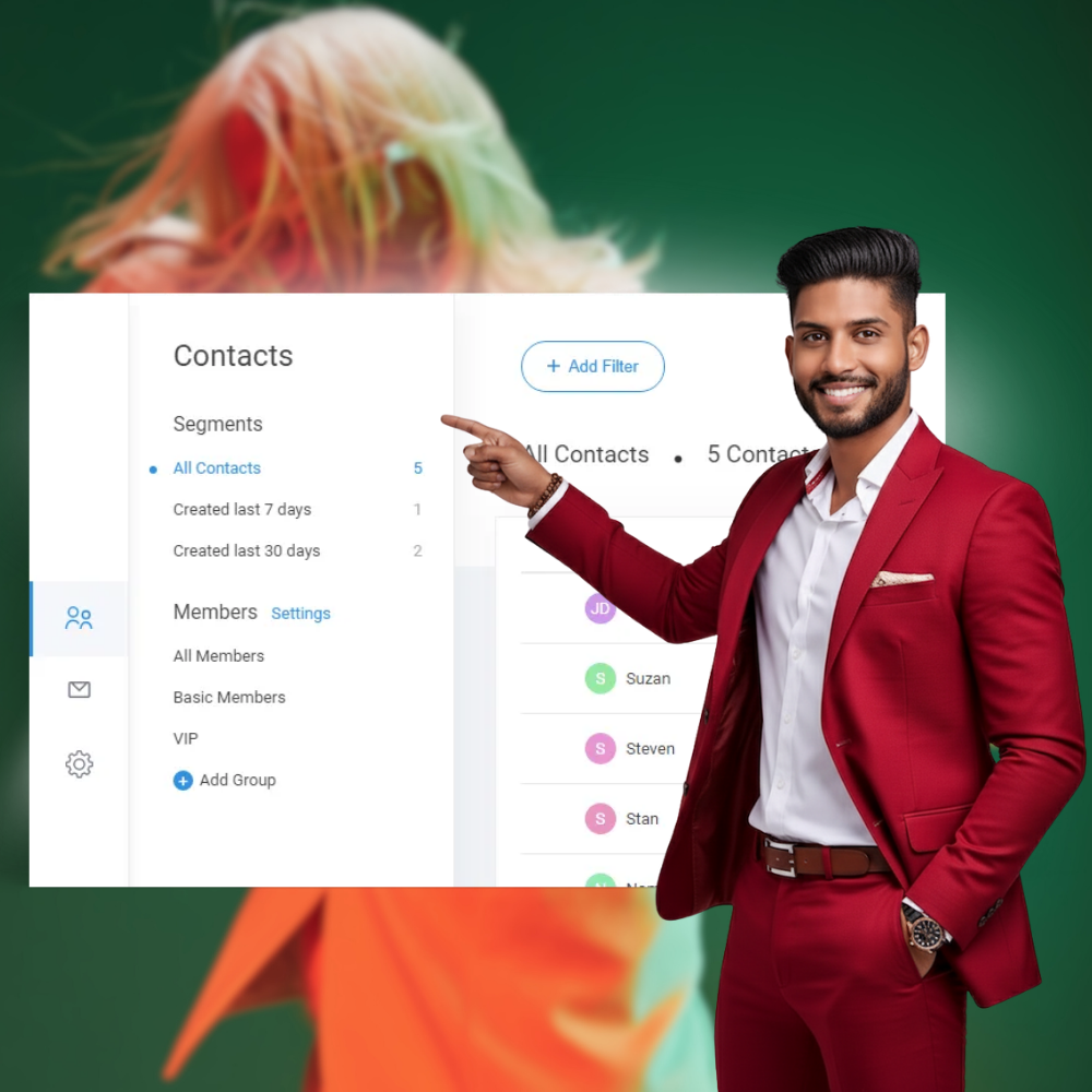 A smiling man in a red suit pointing to a contacts management interface on a screen.