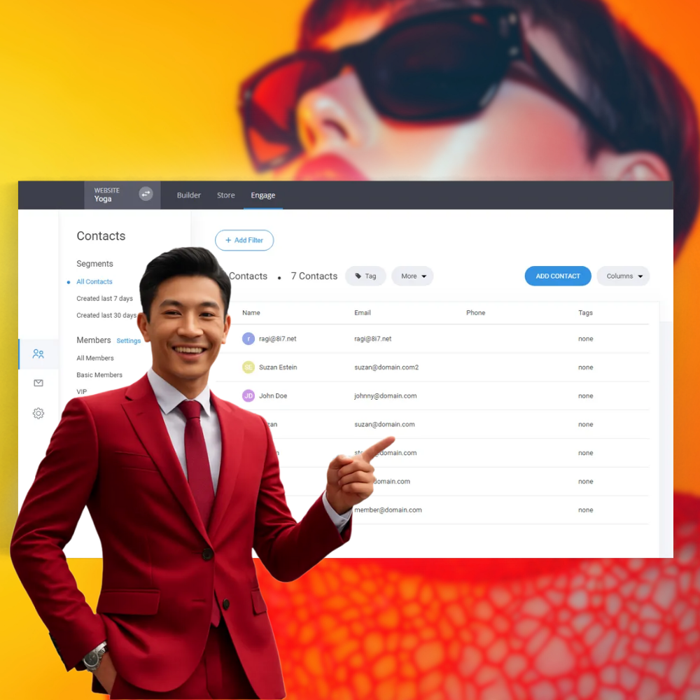 Smiling man in a red suit pointing towards a digital contacts list interface on a bright orange background.