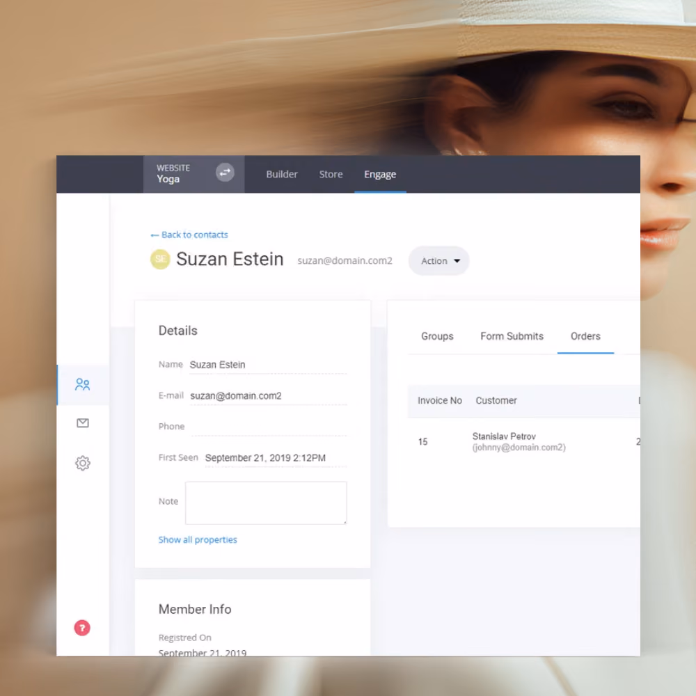 Screenshot of a contact management interface showing details for Suzan Estein including email, first seen date, and an orders tab with customer Stanislav Petrov.
