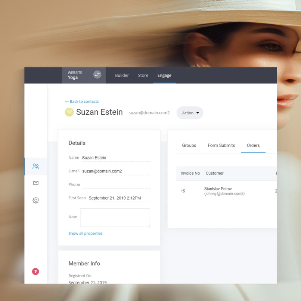 Screenshot of a contact management interface showing details for Suzan Estein including email, first seen date, and an orders tab with customer Stanislav Petrov.