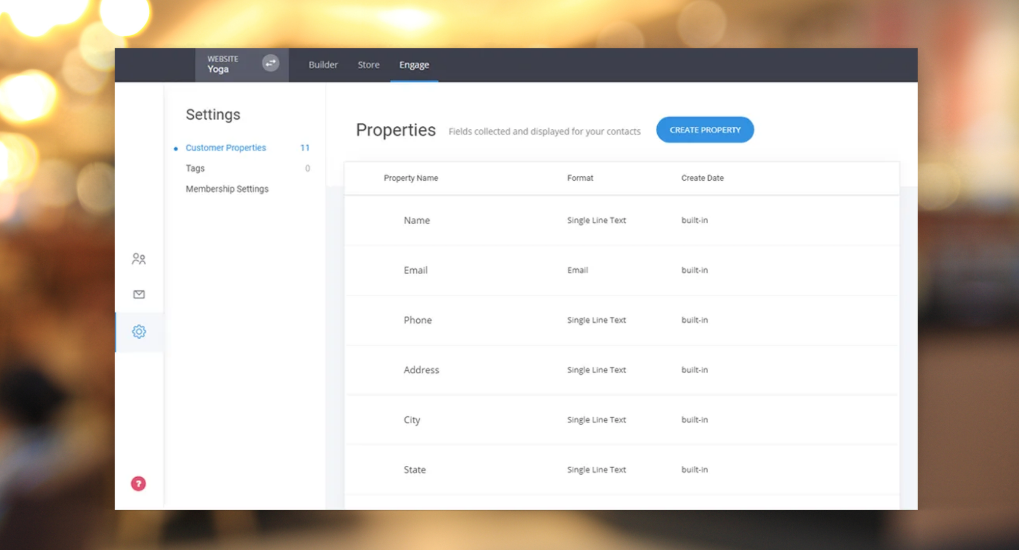 Web interface for managing customer properties in a Yoga website showing property names like Name, Email, Phone, Address, City, State with format and create date columns.