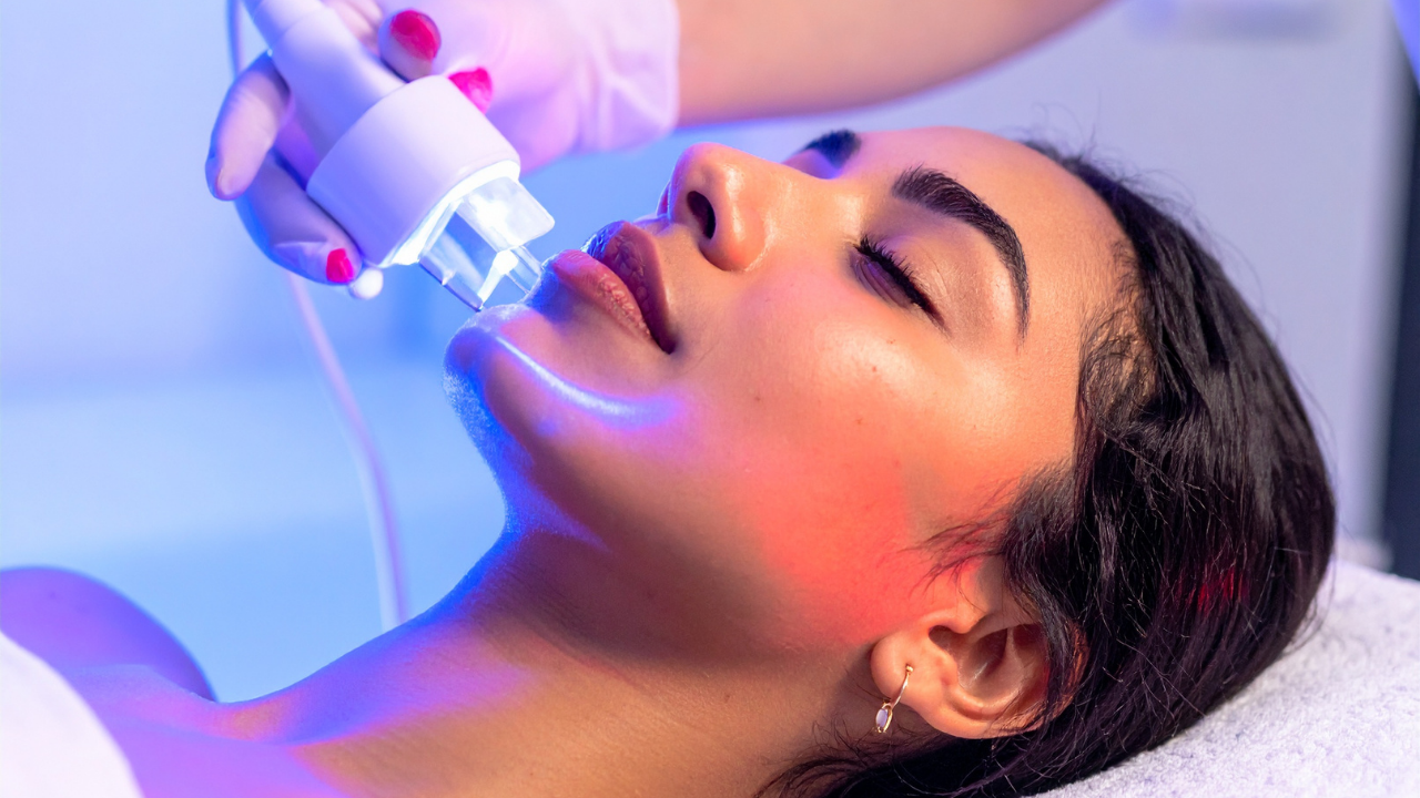 Woman receiving a facial treatment with a handheld skincare device near her chin in a spa setting.
