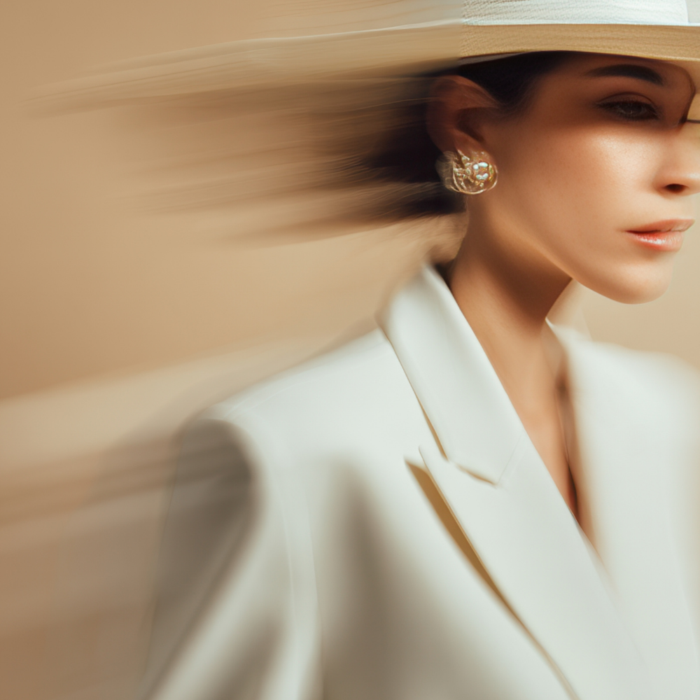 Side portrait of a woman in a white blazer and a light hat, with motion blur effect behind her.