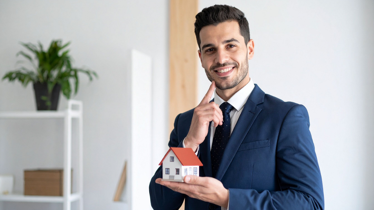Smiling businessman in a suit holding a small model house indoors.