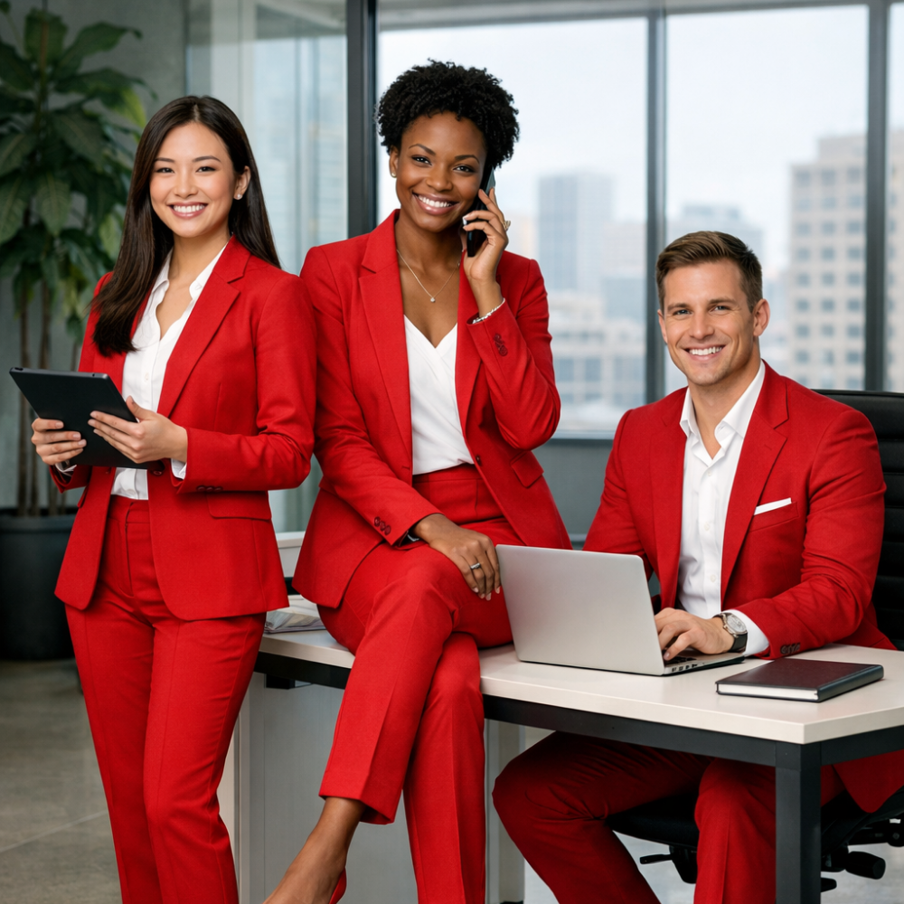 Three professionals in red suits smiling in an office, one holding a tablet, one talking on phone, and one using a laptop.