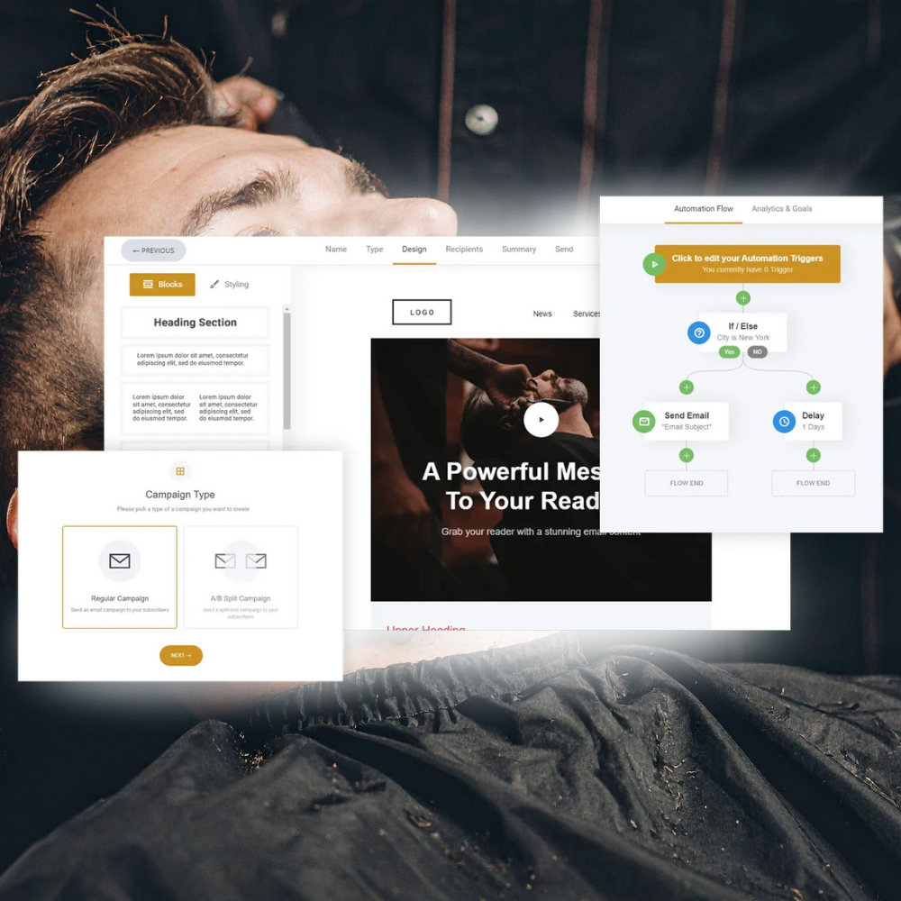 Email marketing dashboard with campaign type selection, email design editor, and automation flow chart overlaid on a person lying down.