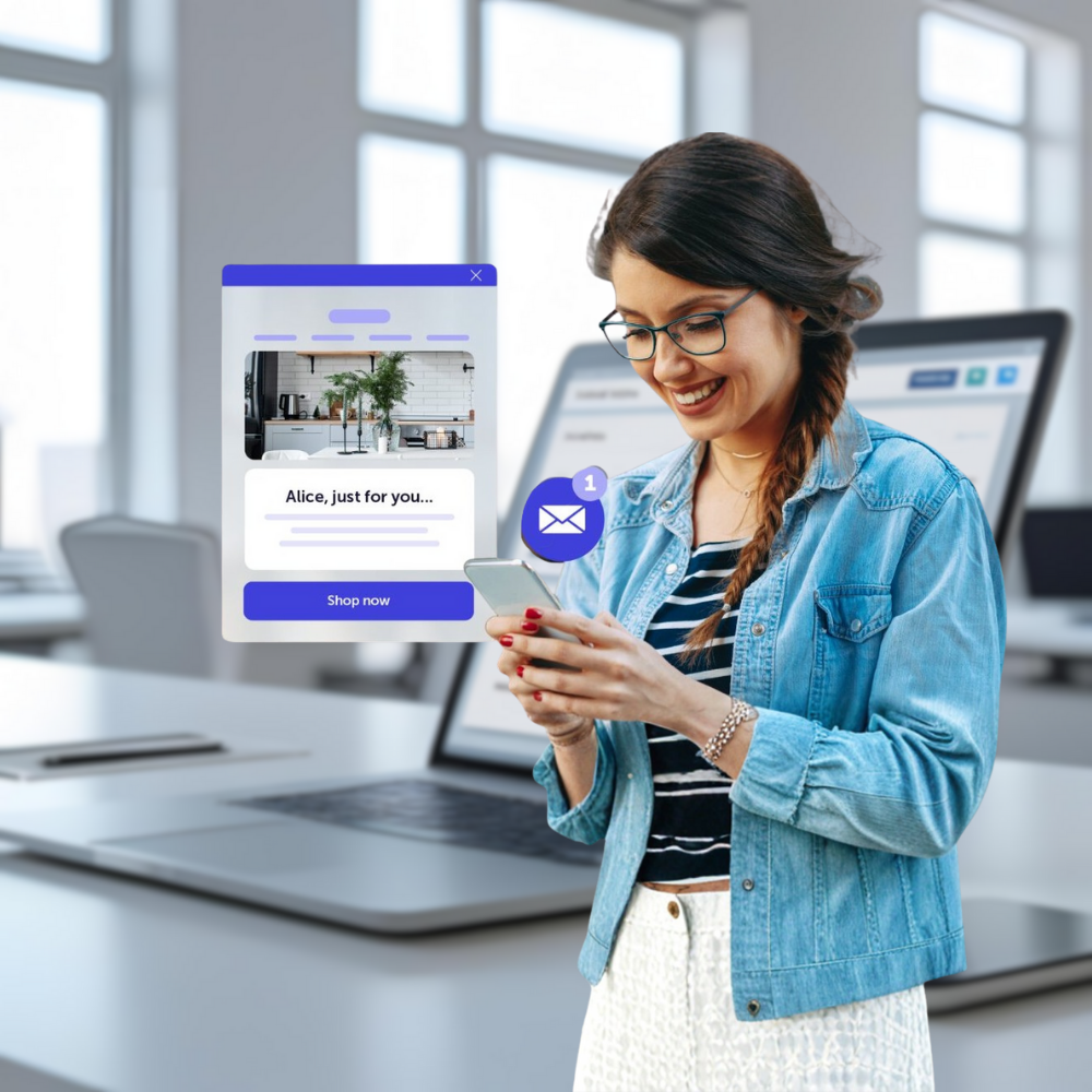 Smiling woman with braided hair and glasses using a smartphone with a message notification and a personalized shopping pop-up in a modern office.