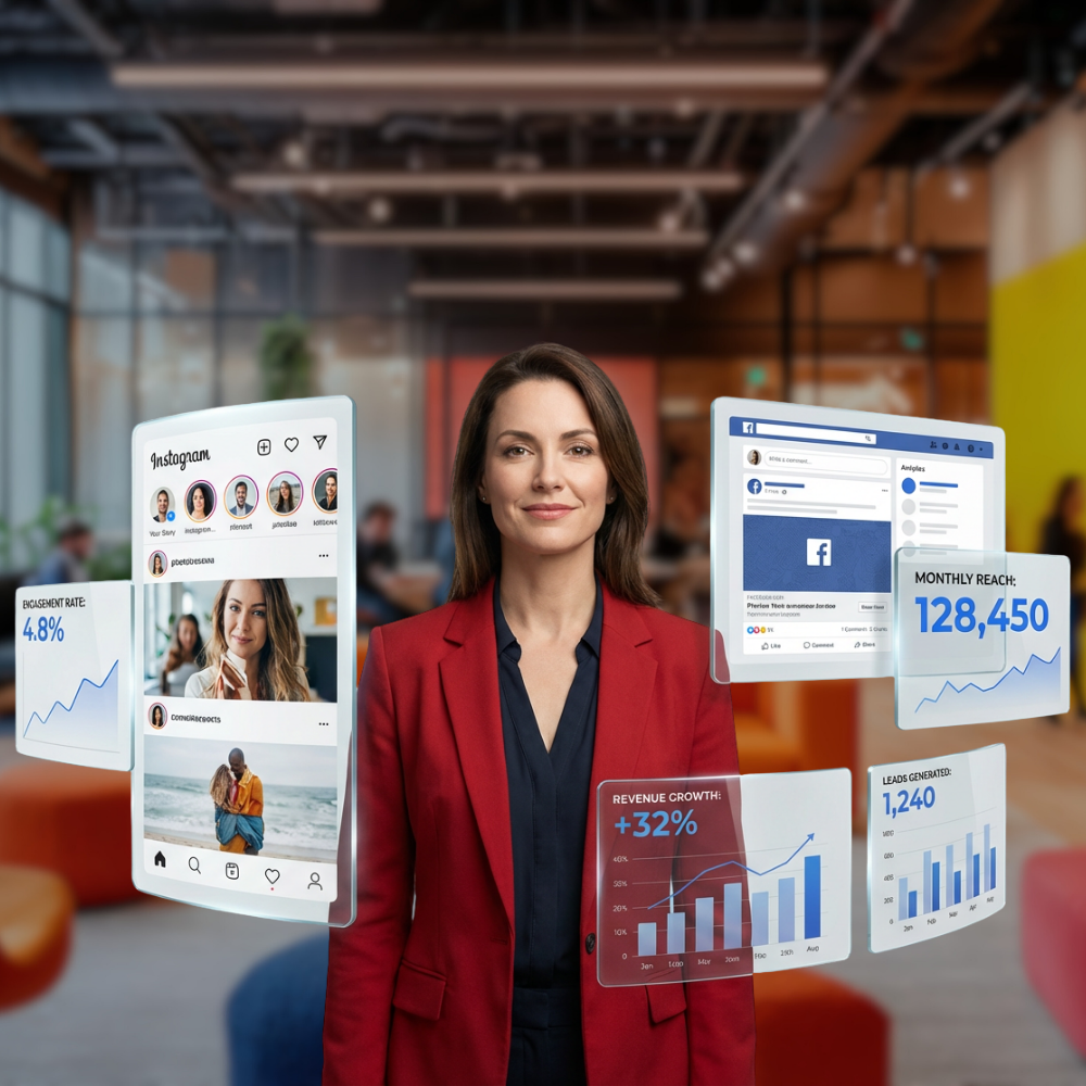 Confident businesswoman in a red blazer standing in a modern office with floating social media analytics showing Instagram engagement, Facebook reach, revenue growth, and leads generated.