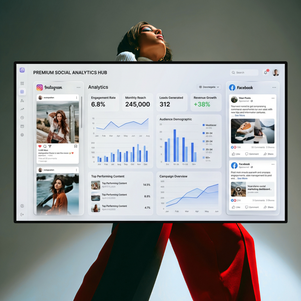 Woman holding a large digital screen displaying a premium social analytics dashboard with Instagram and Facebook metrics, graphs, and audience demographics.