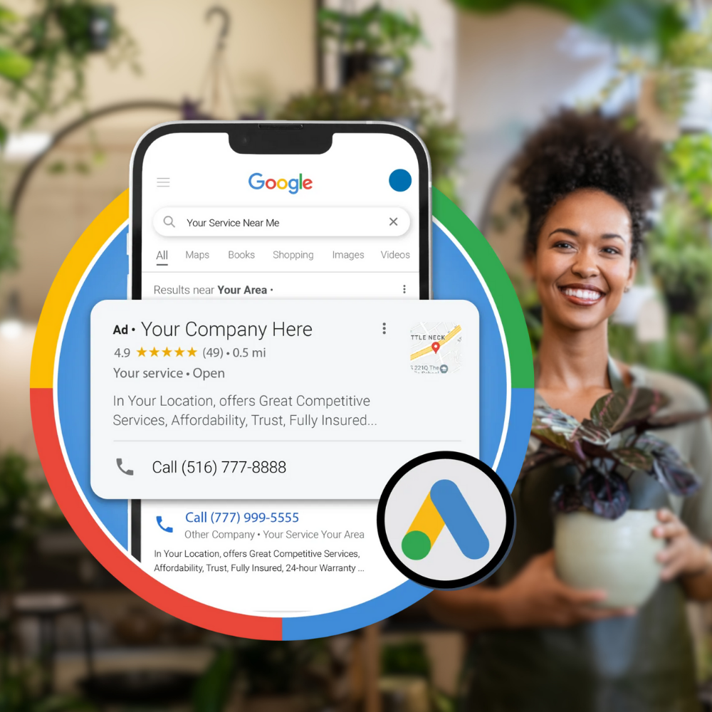 Smartphone screen showing a Google search result for a local advertised service called 'Your Company Here' with a 4.9-star rating and phone number, overlaid on a colorful Google Ads logo circle, with a smiling woman holding a plant in the blurred background.