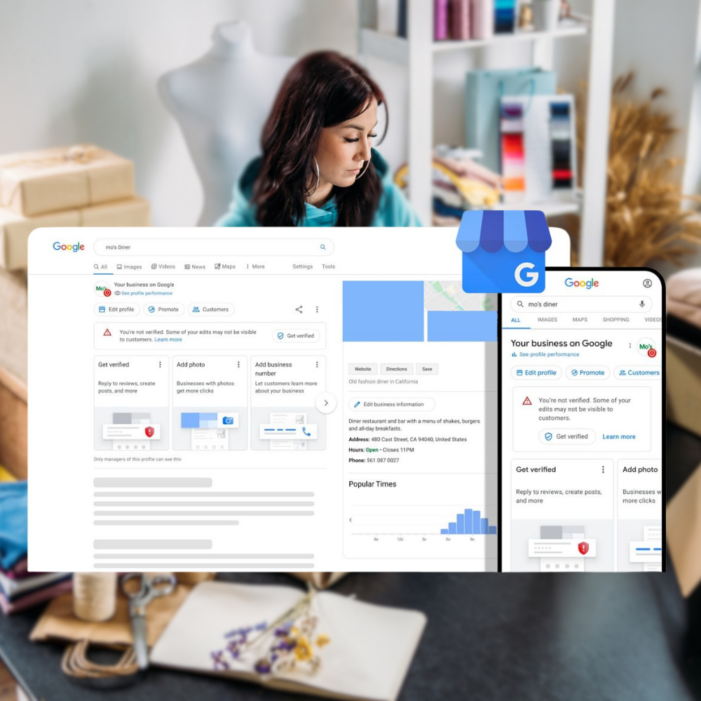 Woman looking at a computer screen displaying Google My Business dashboard for a diner called mo's diner.
