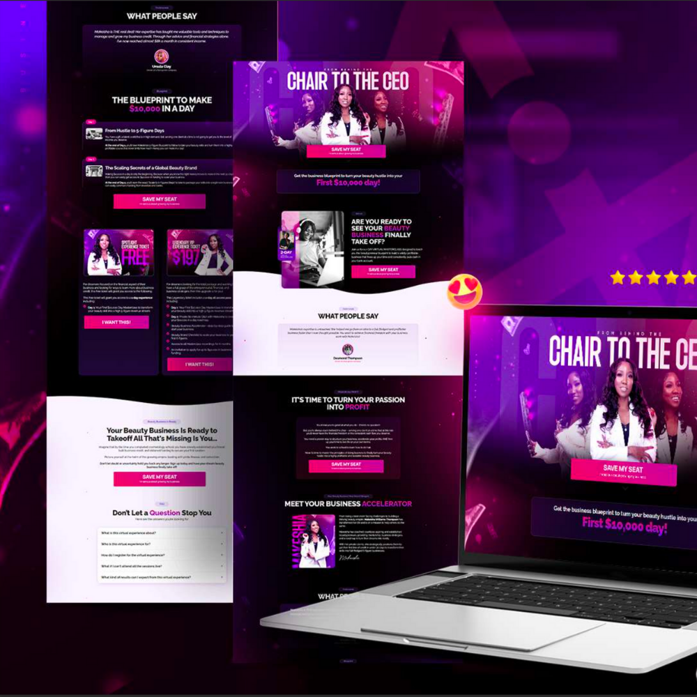 Promotional digital display showing 'Chair to the CEO' program with calls to action like 'Save My Seat' and testimonials about a beauty business accelerator promising strategies for earning $10,000 a day.