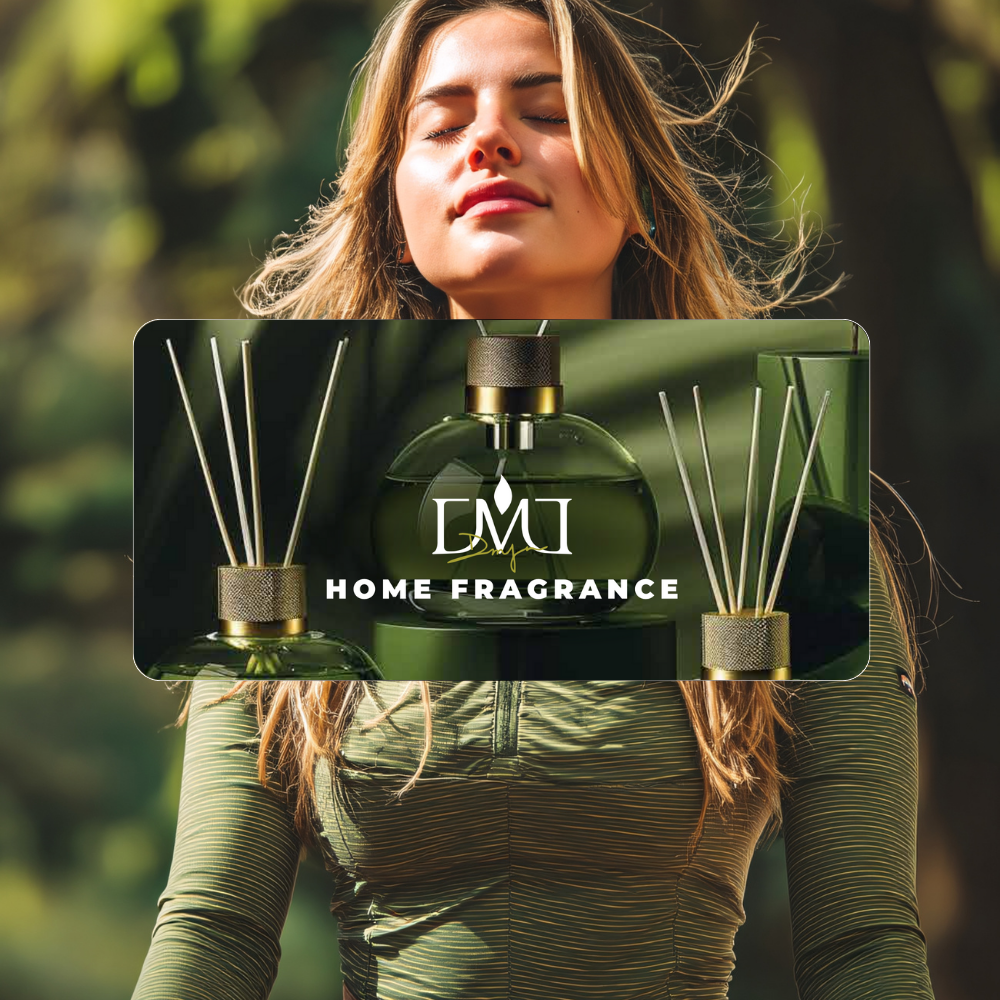 Young woman with closed eyes enjoying fresh air outdoors, with a superimposed image of green home fragrance bottles with diffuser sticks and a logo reading 'HOME FRAGRANCE'.
