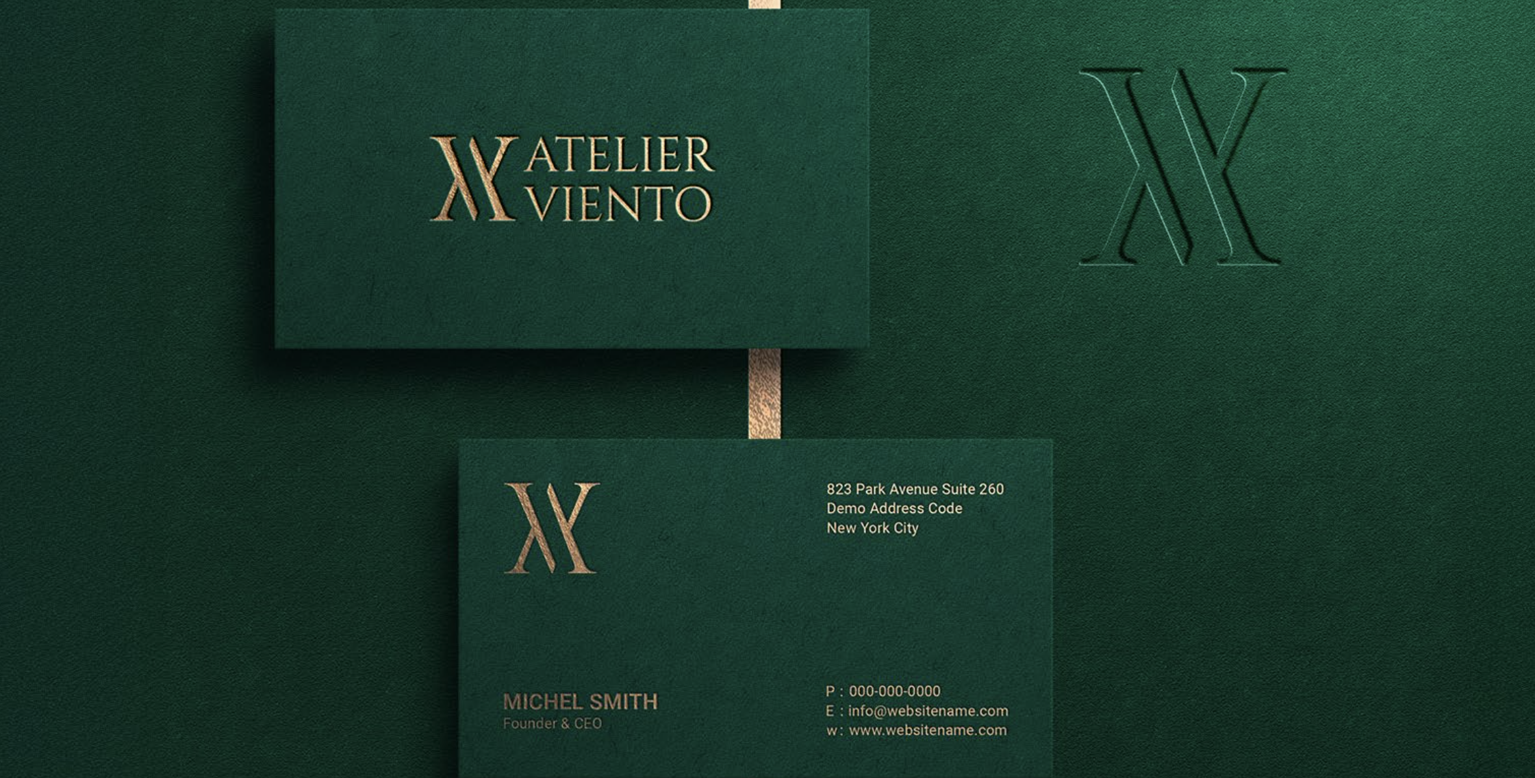 Dark green business cards with gold foil text and logo for Atelier Viento, showing contact details for Michel Smith, Founder & CEO.