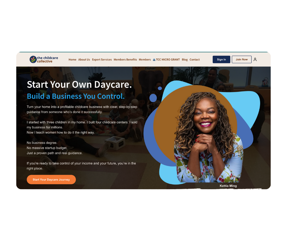 Website homepage for The Childcare Collective featuring a smiling woman named Kettia Ming, with text inviting visitors to start their own daycare business with guidance and support.