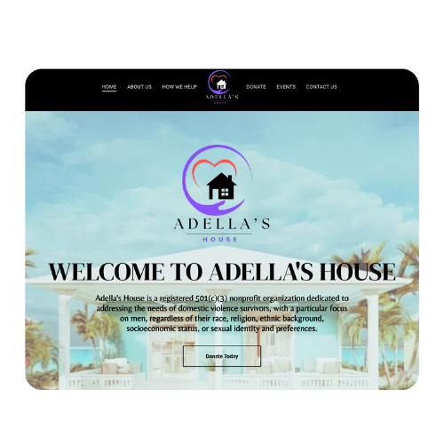 Website homepage of Adella's House with logo showing a house inside a heart and blue sky over palm trees background, welcoming visitors and describing it as a nonprofit for domestic violence survivors.
