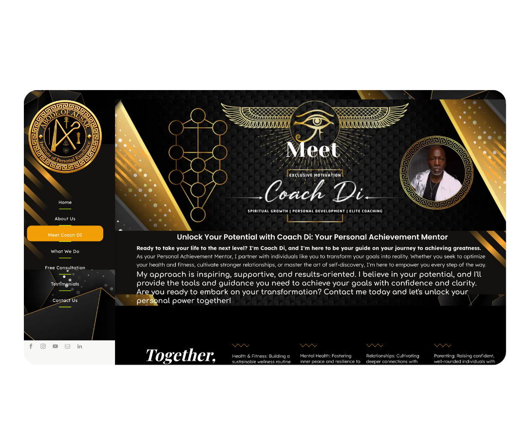Website homepage for Coach Di featuring a black and gold theme, navigation menu on left, personal achievement mentor introduction, and a photo of Coach Di.