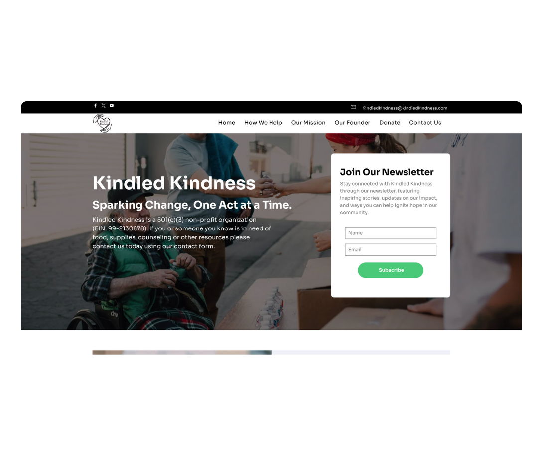 Website homepage for Kindled Kindness showing a person handing a bottle of water to a man in a wheelchair, with a newsletter sign-up form on the right.