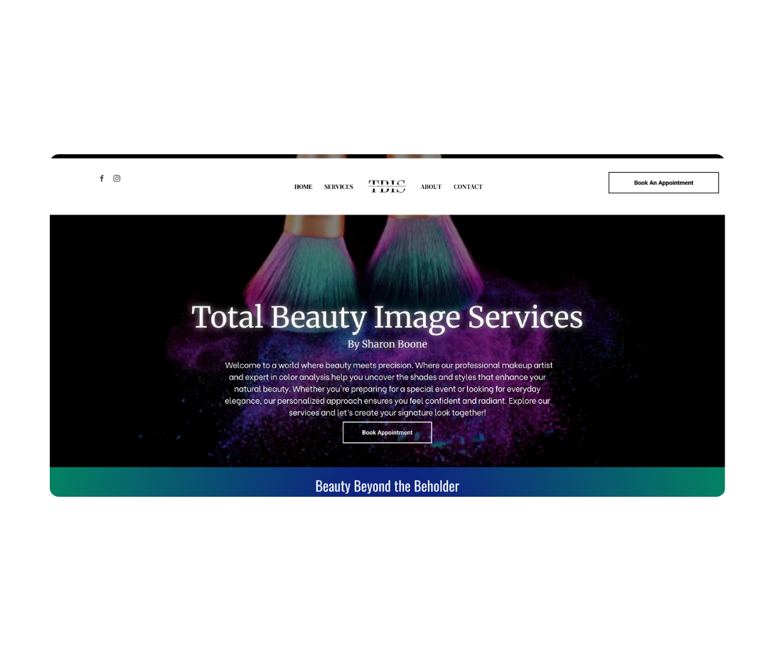 Website homepage with makeup brushes and colorful powder, featuring Total Beauty Image Services by Sharon Boone and navigation menu.