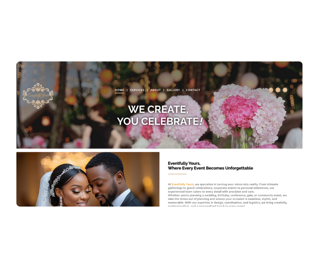 Eventfully Yours website homepage with a couple in wedding attire, pink hydrangea flowers, and menu navigation including Home, Services, About, Gallery, and Contact.