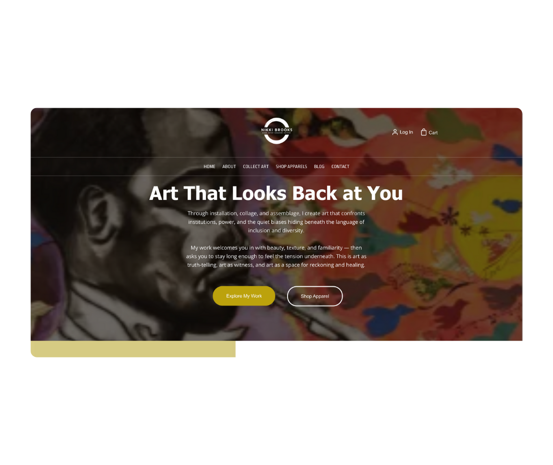 Website homepage featuring a side profile painting of a person against a colorful abstract background with text about art confronting institutions and promoting inclusion and diversity.