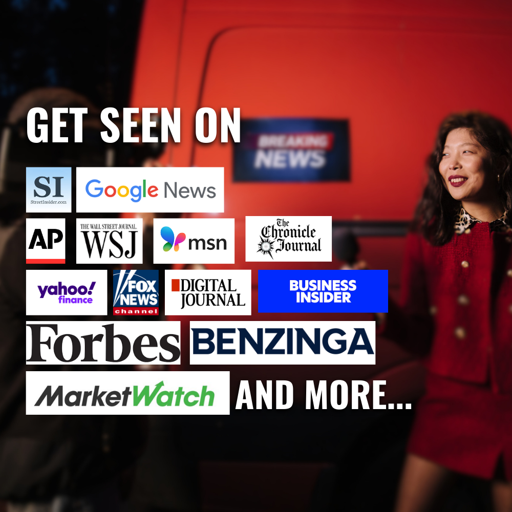 Collage of news logos including Google News, AP, WSJ, MSN, Yahoo Finance, Fox News, Forbes, and MarketWatch with text 'Get Seen On' and an Asian woman smiling on the right.
