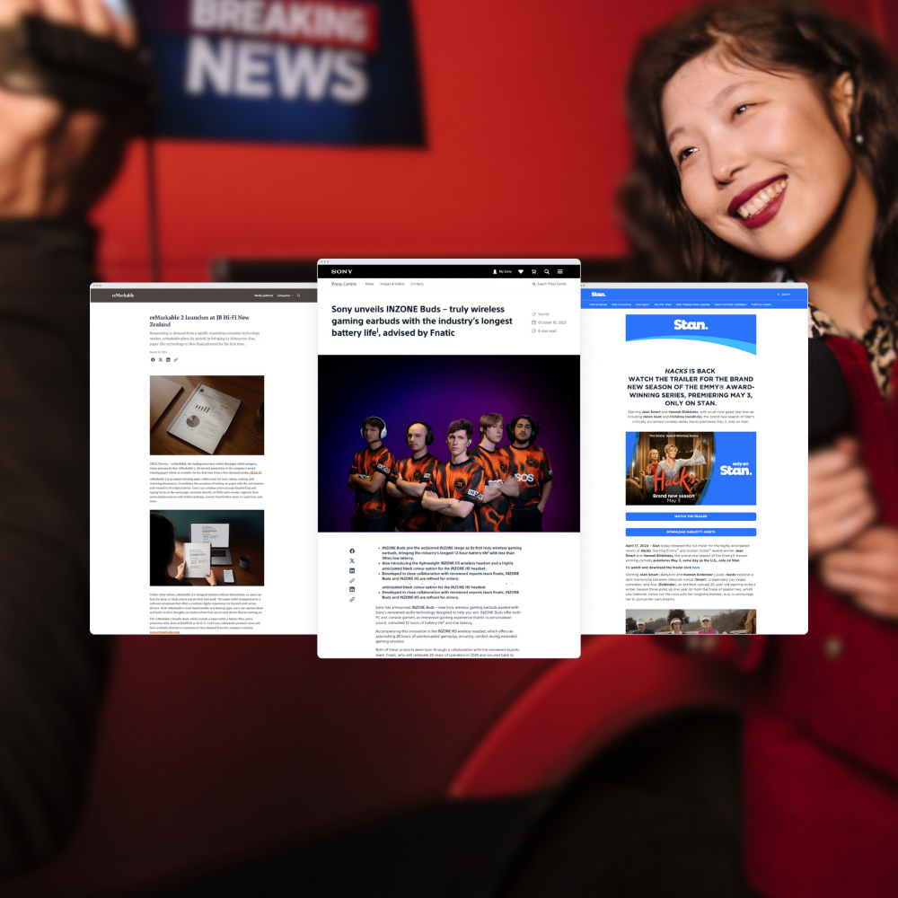 Three digital news articles displayed on a screen with a blurred smiling woman in the background.