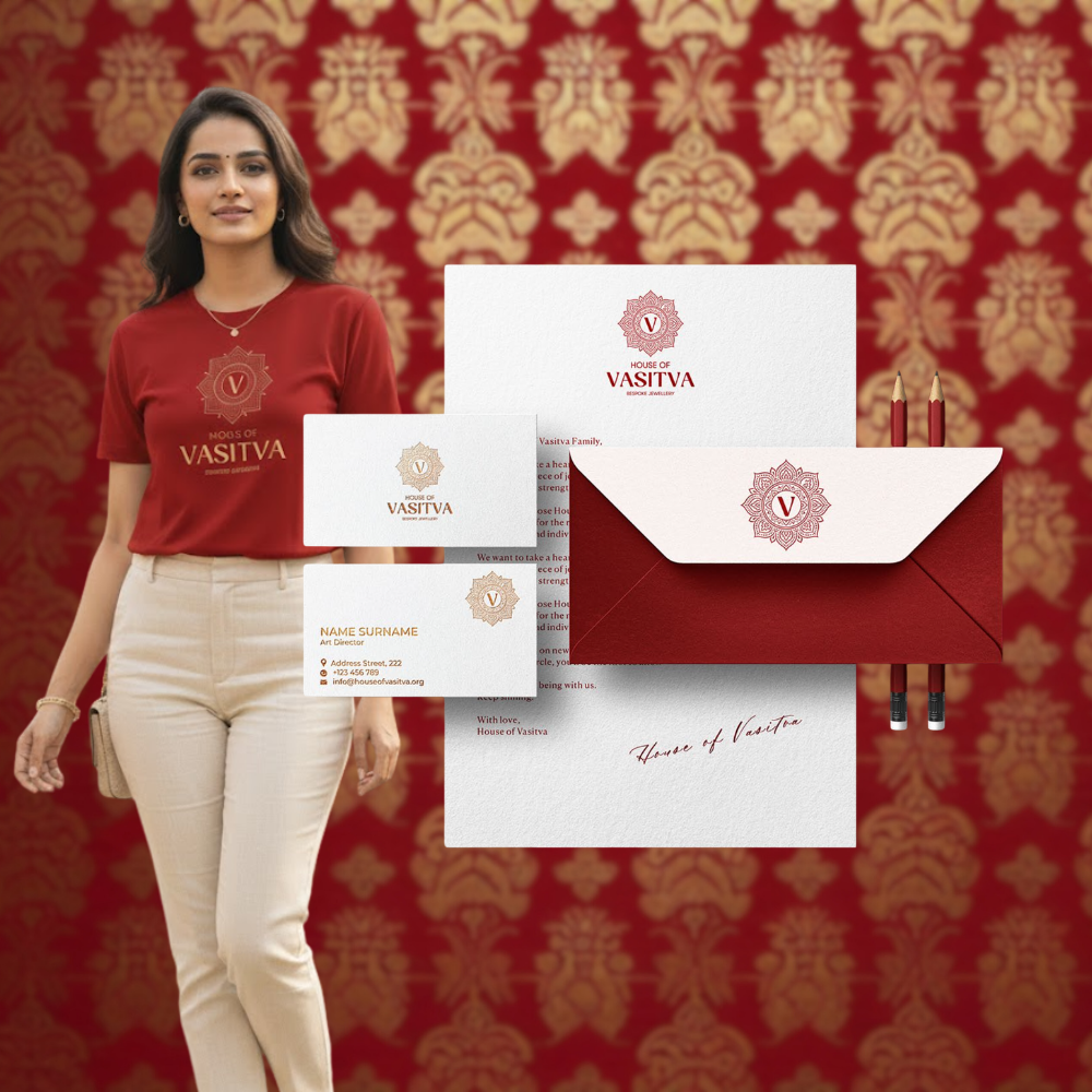 Woman wearing a red House of Vasitva t-shirt standing next to matching branded stationery including business cards, letterhead, and envelope on a red and gold patterned background.