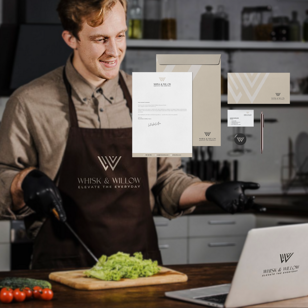 Smiling man wearing a Whisk & Willow apron is chopping green vegetables on a wooden cutting board in a kitchen, with branded stationery and a laptop displaying the Whisk & Willow logo floating nearby.
