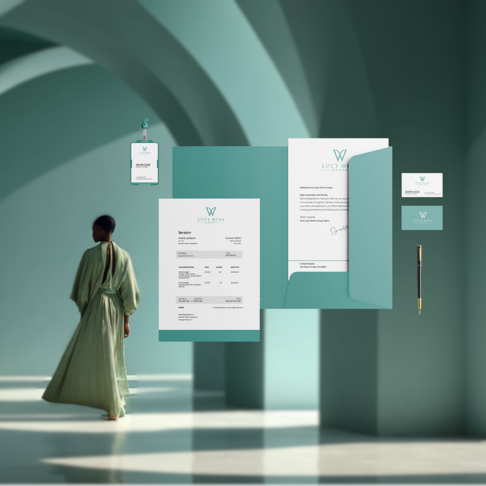 Corporate branding set with teal and white business card, invoice, letterhead, envelope, ID badge, and gold pen displayed in a minimal architectural space with a person in a flowing green dress walking.