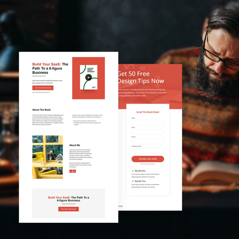 Man with beard and glasses reading a book, with an overlay of business ebook and design tips landing page mockups.
