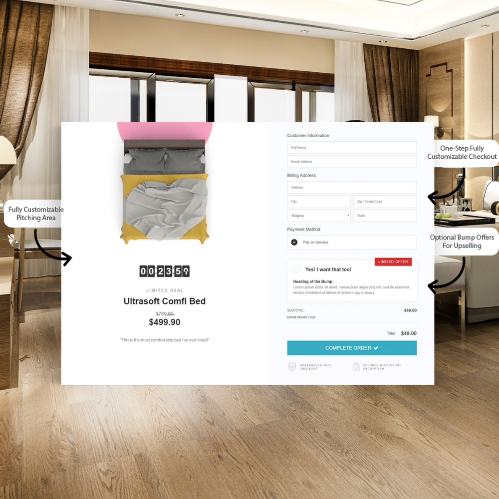 E-commerce checkout page for Ultrasoft Comfi Bed showing customizable pitching area, billing and payment form, and optional upselling bump offer in a modern bedroom setting.