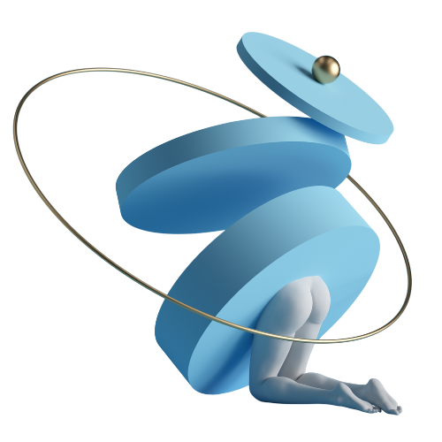 Abstract 3D figure with human legs kneeling inside three large blue rings and a metallic ring orbiting around them.