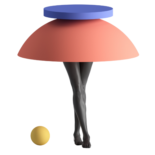 Abstract sculpture with black human legs crossed beneath a large, floating red skirt and a blue disc above it, next to a small yellow ball.