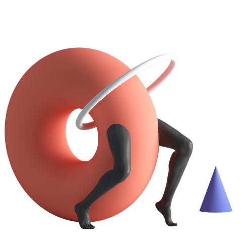 3D illustration of a large orange torus with two human black legs walking, accompanied by a white ring above and a small blue cone nearby.