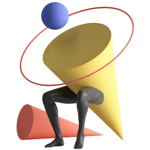 Surreal artwork of black human legs emerging from a yellow cone with a blue sphere orbiting above and a red cone lying on its side.