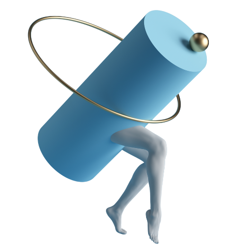 Blue cylinder tilted with human legs emerging from the bottom and a gold sphere on top surrounded by a gold ring.