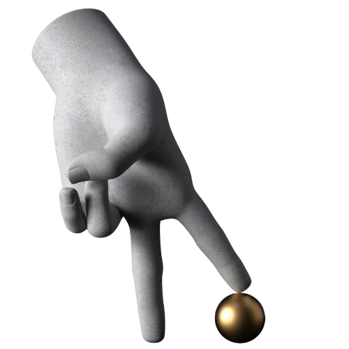 Sculpted gray hand poised with two fingers touching a small golden sphere against a black background.