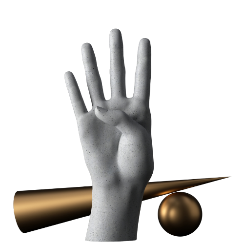 Gray stone hand sculpture with four fingers raised and thumb folded, placed in front of a golden cone and sphere on a black background.