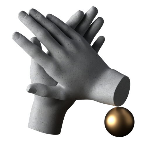Two gray stone hands overlapped with a golden metallic sphere attached to one wrist against a black background.